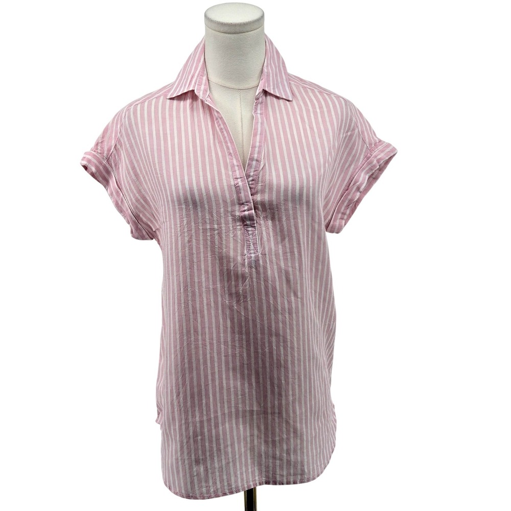 LOLA RIVER Blouse Womens XS Pink Striped Tunic‎ Short Sleeve Lyocell Linen